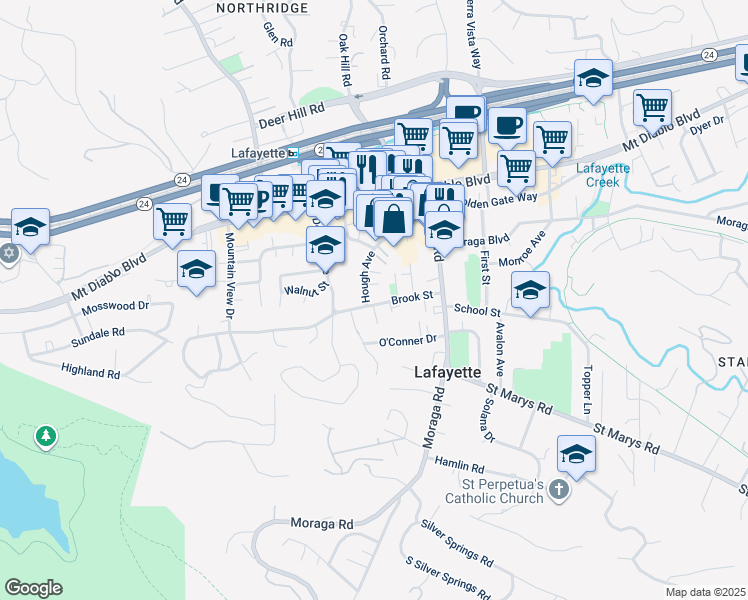 map of restaurants, bars, coffee shops, grocery stores, and more near 3555 Wildwood Lane in Lafayette