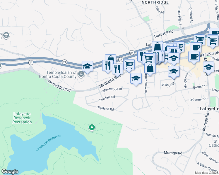 map of restaurants, bars, coffee shops, grocery stores, and more near 3718 Mosswood Drive in Lafayette