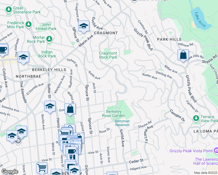 map of restaurants, bars, coffee shops, grocery stores, and more near 1138 High Court in Berkeley