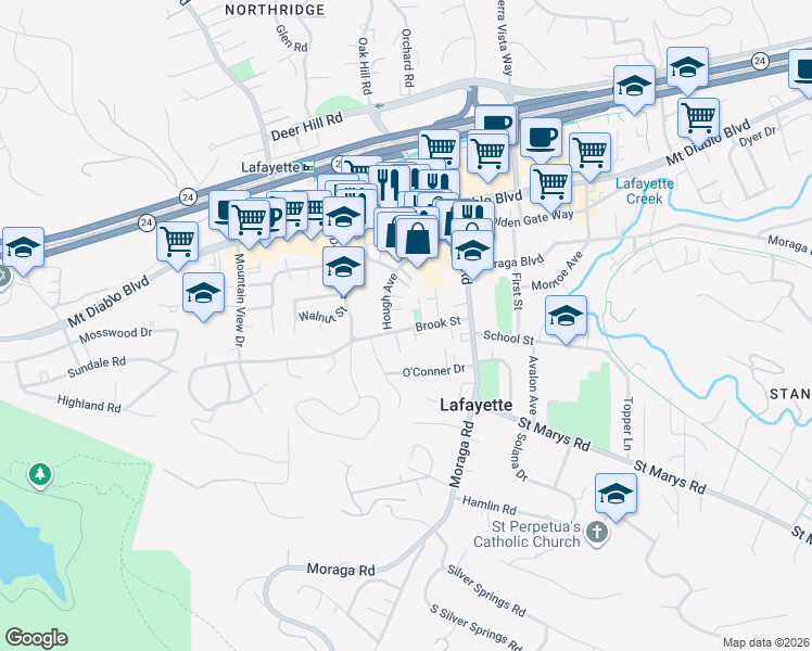 map of restaurants, bars, coffee shops, grocery stores, and more near 3564 Brook Street in Lafayette