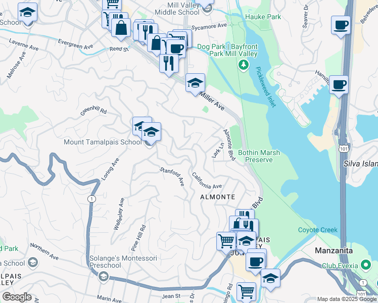 map of restaurants, bars, coffee shops, grocery stores, and more near 120 Morning Sun Avenue in Mill Valley
