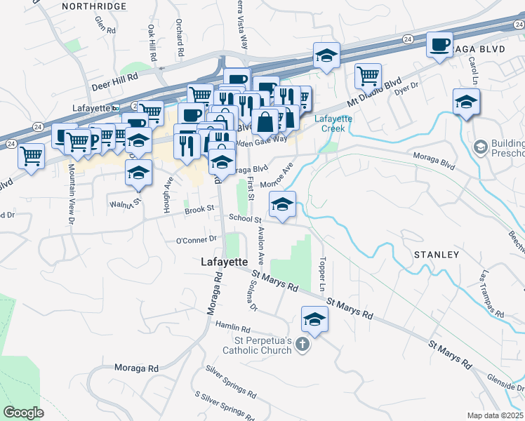 map of restaurants, bars, coffee shops, grocery stores, and more near 855 Avalon Court in Lafayette