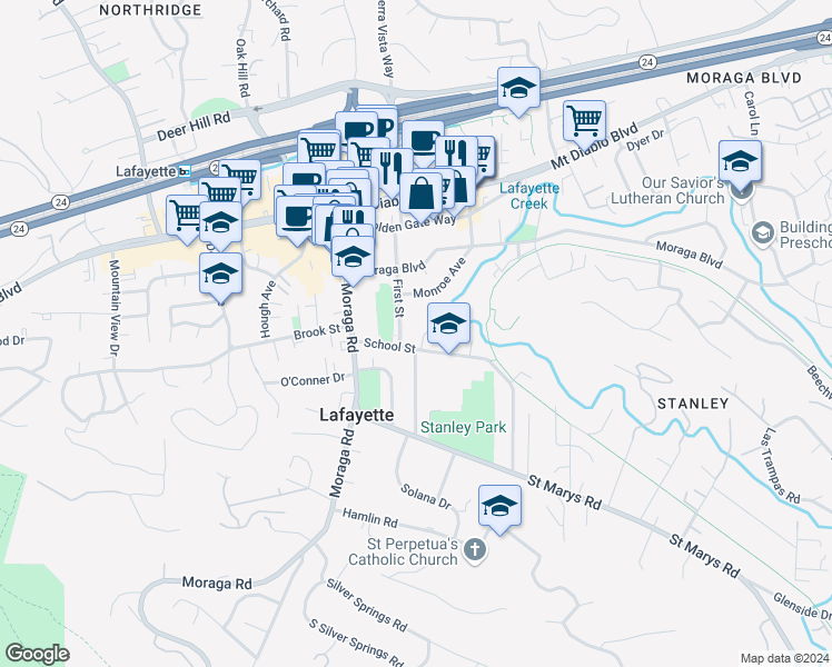 map of restaurants, bars, coffee shops, grocery stores, and more near 855 Avalon Court in Lafayette