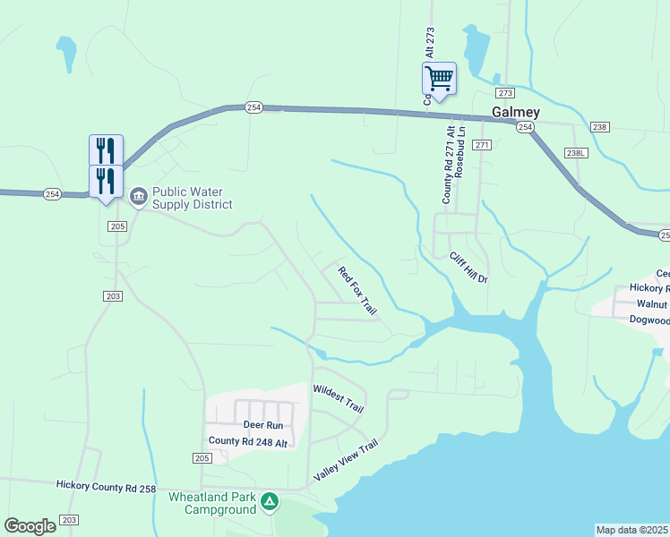 map of restaurants, bars, coffee shops, grocery stores, and more near Fishhook Trail in Hickory