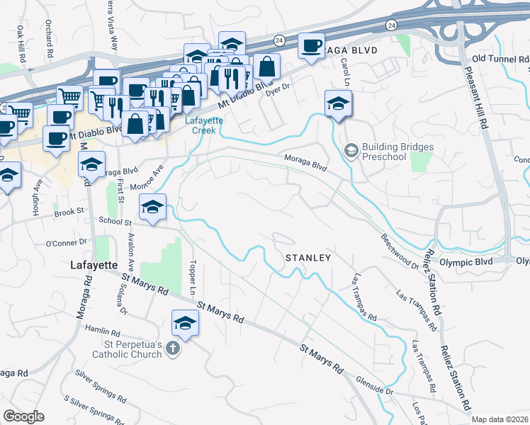 map of restaurants, bars, coffee shops, grocery stores, and more near 981 Hawthorn Drive in Lafayette