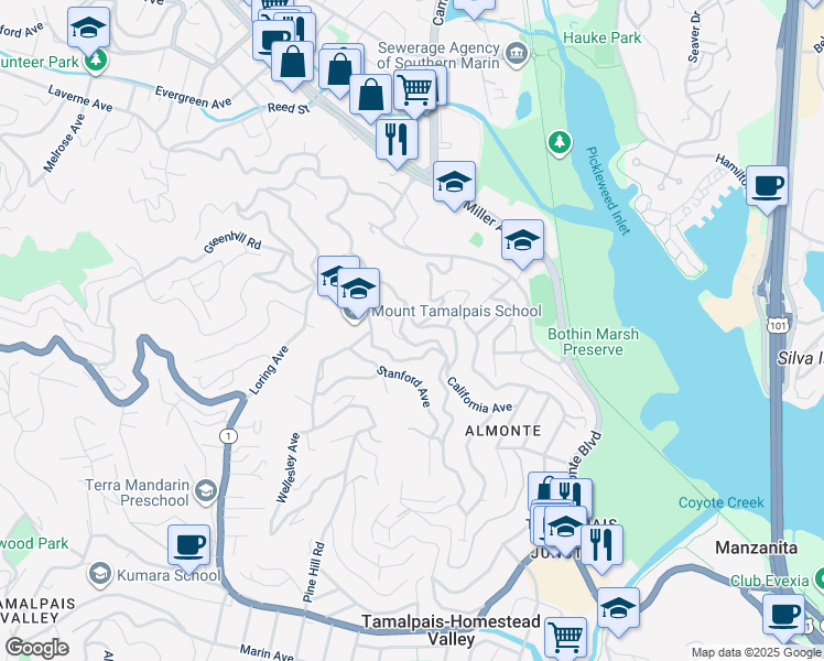 map of restaurants, bars, coffee shops, grocery stores, and more near 110 Morning Sun Avenue in Mill Valley