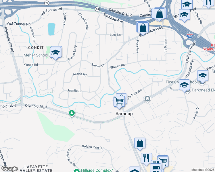 map of restaurants, bars, coffee shops, grocery stores, and more near Boulevard Way in Walnut Creek