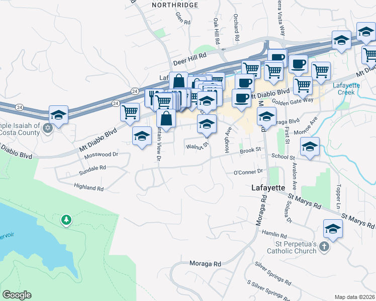 map of restaurants, bars, coffee shops, grocery stores, and more near 3654 Walnut Street in Lafayette