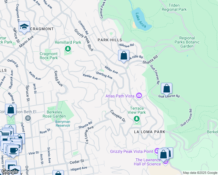 map of restaurants, bars, coffee shops, grocery stores, and more near 2847 Shasta Road in Berkeley