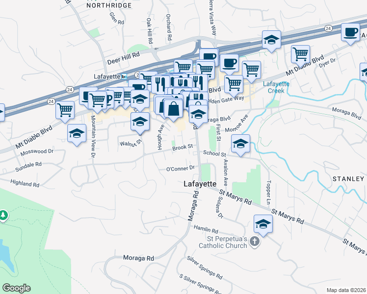 map of restaurants, bars, coffee shops, grocery stores, and more near Brook Street & East Street in Lafayette