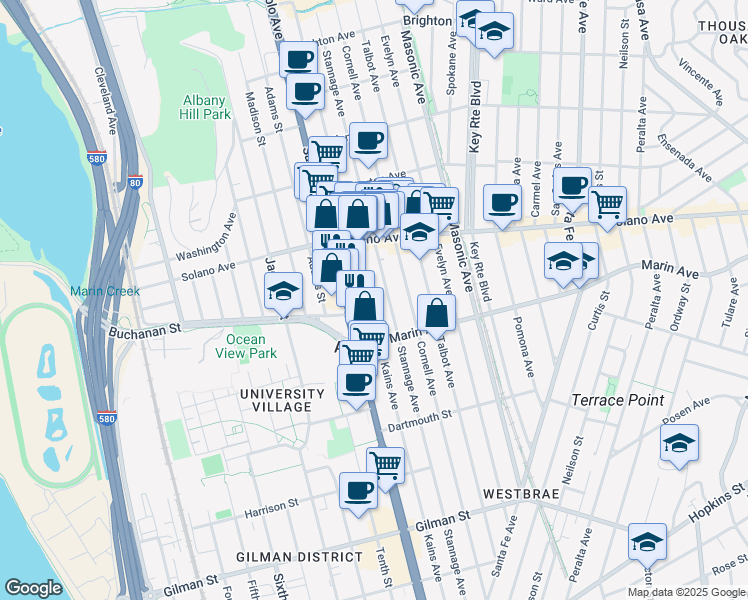 map of restaurants, bars, coffee shops, grocery stores, and more near 959 Kains Avenue in Albany