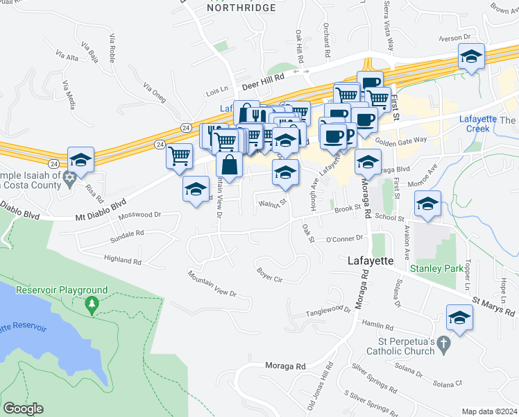 map of restaurants, bars, coffee shops, grocery stores, and more near 3654 Walnut Street in Lafayette