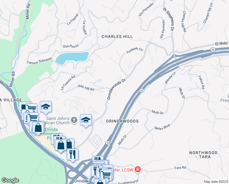 map of restaurants, bars, coffee shops, grocery stores, and more near 407 Wovenwood in Orinda