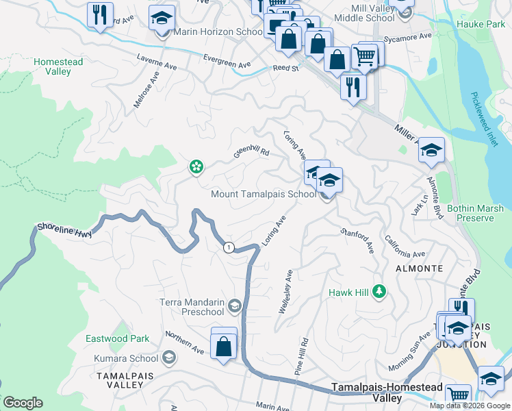 map of restaurants, bars, coffee shops, grocery stores, and more near 948 West California Avenue in Mill Valley