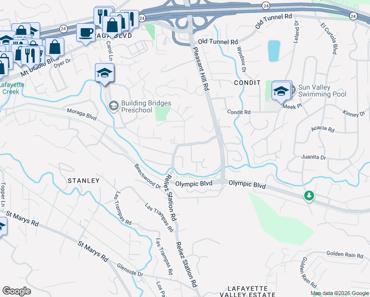 map of restaurants, bars, coffee shops, grocery stores, and more near 927 Reliez Station Road in Lafayette