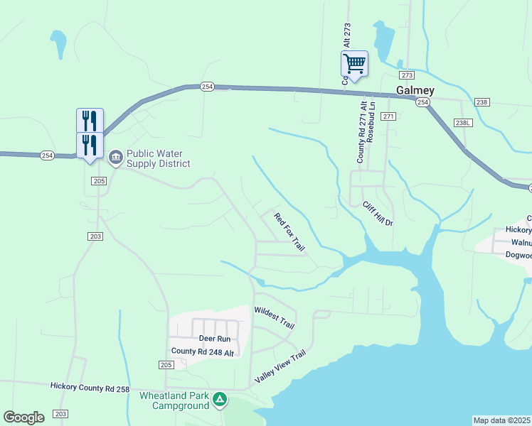 map of restaurants, bars, coffee shops, grocery stores, and more near Fishhook Trail in Hickory County