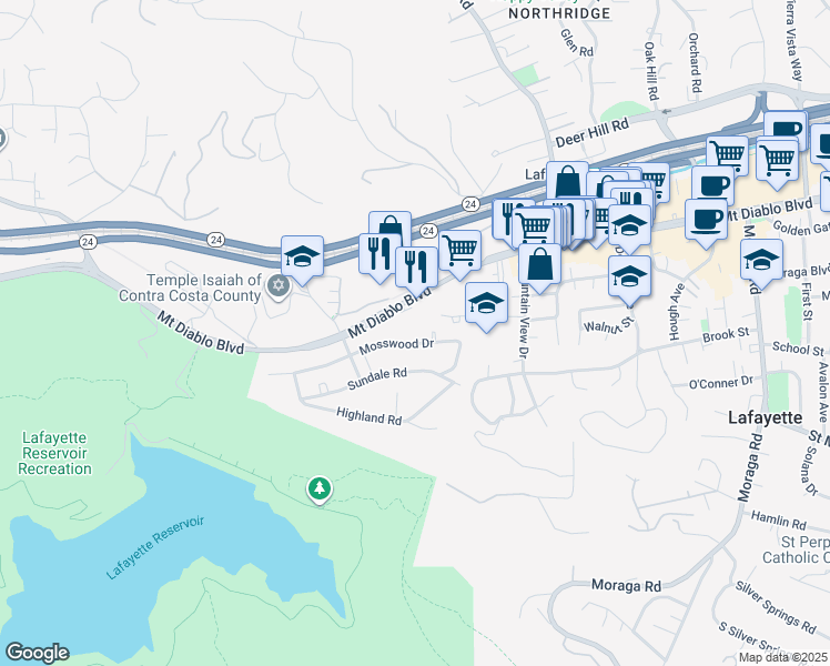 map of restaurants, bars, coffee shops, grocery stores, and more near 3690 Mosswood Drive in Lafayette