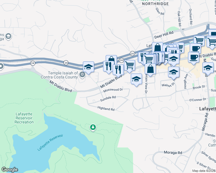 map of restaurants, bars, coffee shops, grocery stores, and more near 3718 Mosswood Drive in Lafayette