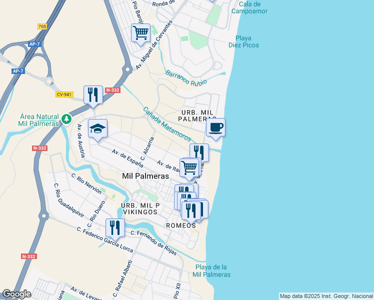 map of restaurants, bars, coffee shops, grocery stores, and more near Avenida de Luxemburgo in Pilar de la Horadada