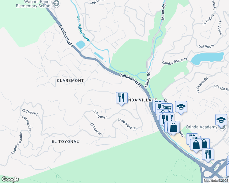 map of restaurants, bars, coffee shops, grocery stores, and more near 134 Canon Drive in Orinda