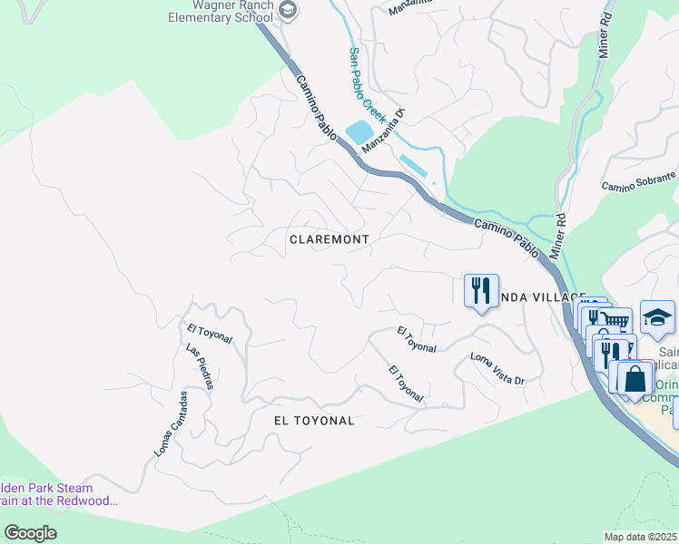 map of restaurants, bars, coffee shops, grocery stores, and more near 221 Canon Drive in Orinda