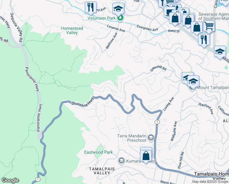 map of restaurants, bars, coffee shops, grocery stores, and more near 1218 Lattie Lane in Mill Valley