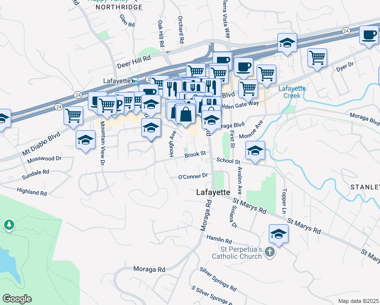 map of restaurants, bars, coffee shops, grocery stores, and more near 3542 Brook Street in Lafayette