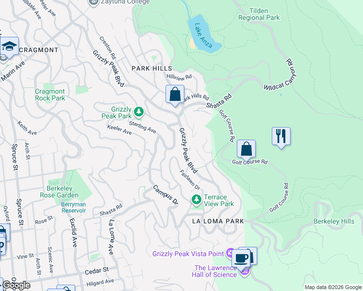 map of restaurants, bars, coffee shops, grocery stores, and more near 1251 Grizzly Peak Boulevard in Berkeley