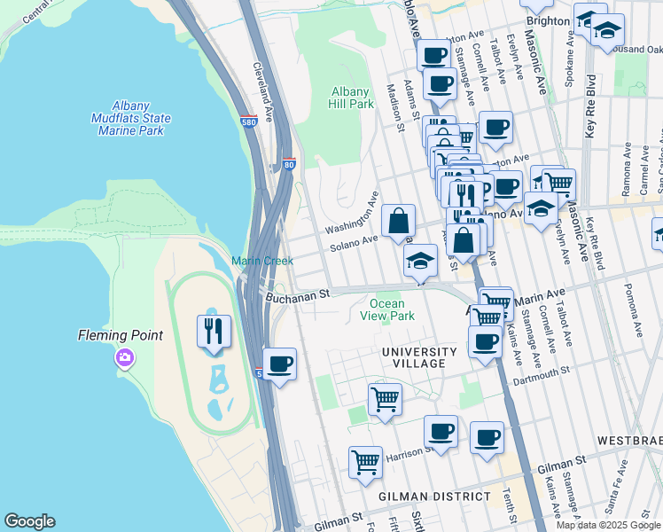 map of restaurants, bars, coffee shops, grocery stores, and more near 909 Pierce Street in Albany