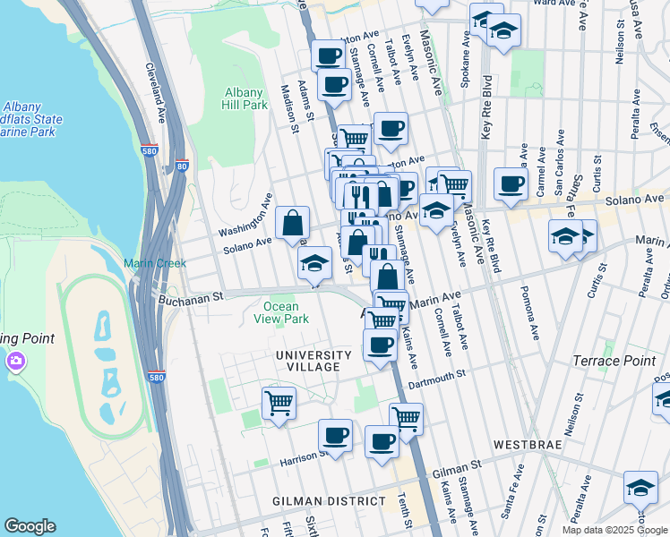 map of restaurants, bars, coffee shops, grocery stores, and more near 949 Madison Street in Albany
