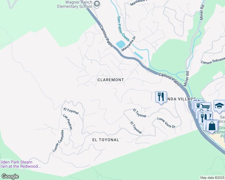 map of restaurants, bars, coffee shops, grocery stores, and more near 221 Canon Drive in Orinda