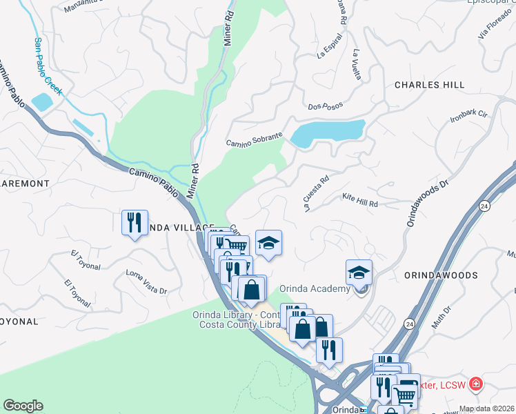map of restaurants, bars, coffee shops, grocery stores, and more near 40 Mira Loma Road in Orinda