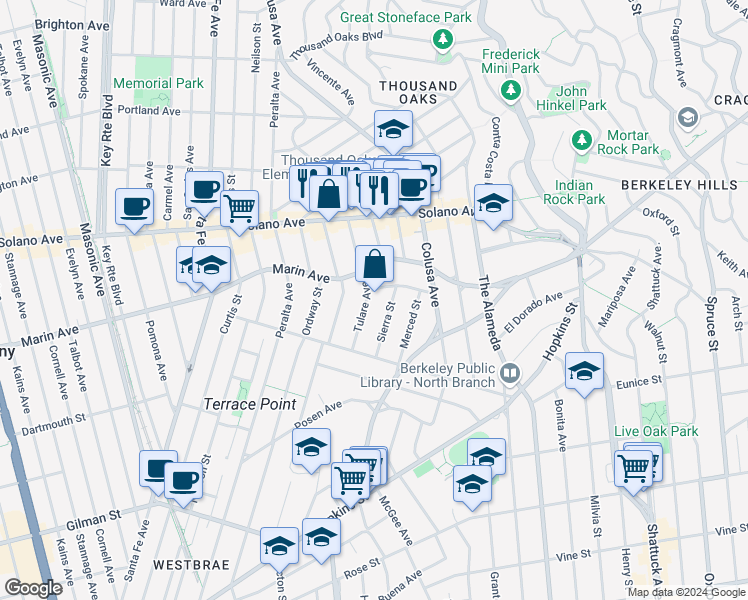 map of restaurants, bars, coffee shops, grocery stores, and more near 961 Tulare Avenue in Berkeley