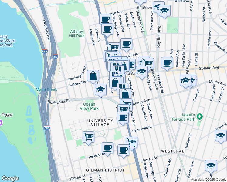 map of restaurants, bars, coffee shops, grocery stores, and more near 946 Adams Street in Albany