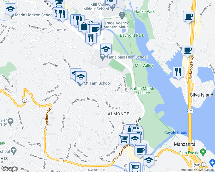 map of restaurants, bars, coffee shops, grocery stores, and more near 128 Morning Sun Avenue in Mill Valley