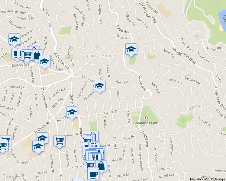 map of restaurants, bars, coffee shops, grocery stores, and more near 1109 Spruce Street in Berkeley