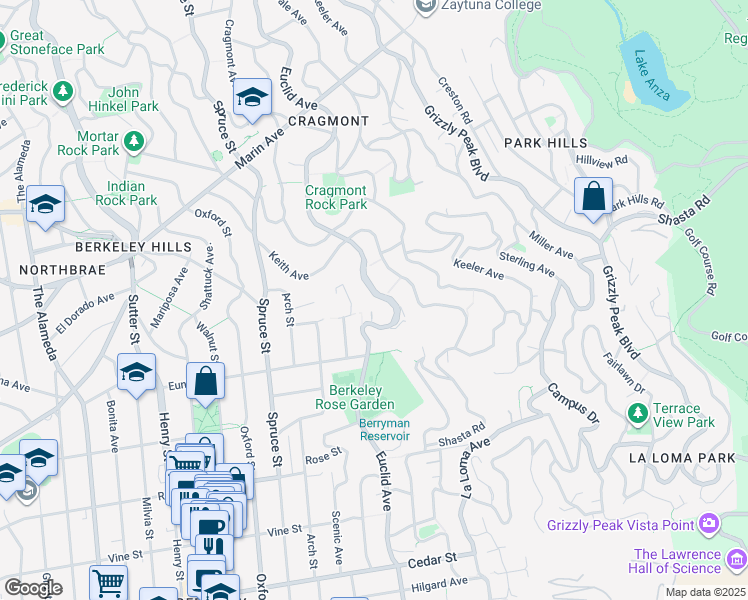 map of restaurants, bars, coffee shops, grocery stores, and more near 1126 Euclid Avenue in Berkeley