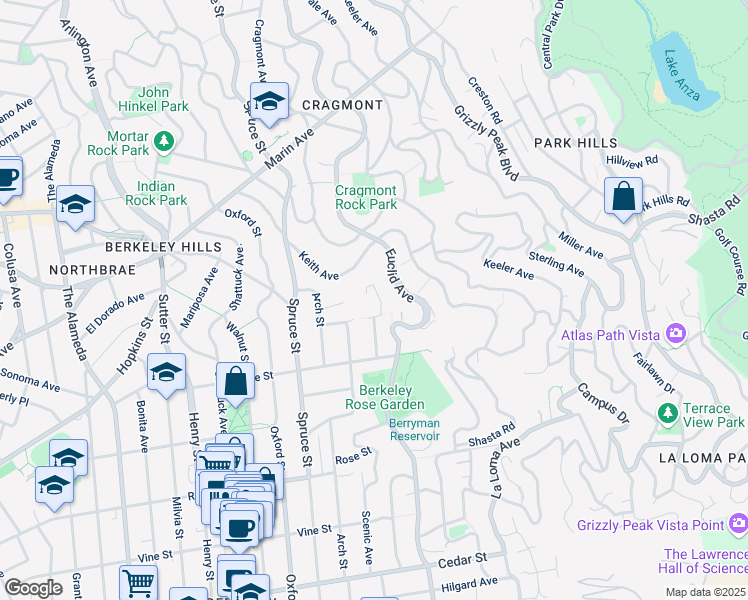 map of restaurants, bars, coffee shops, grocery stores, and more near 1138 High Court in Berkeley