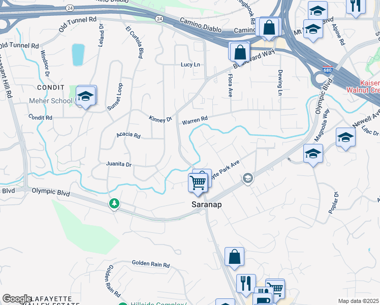 map of restaurants, bars, coffee shops, grocery stores, and more near 30 Boulevard Court in Walnut Creek