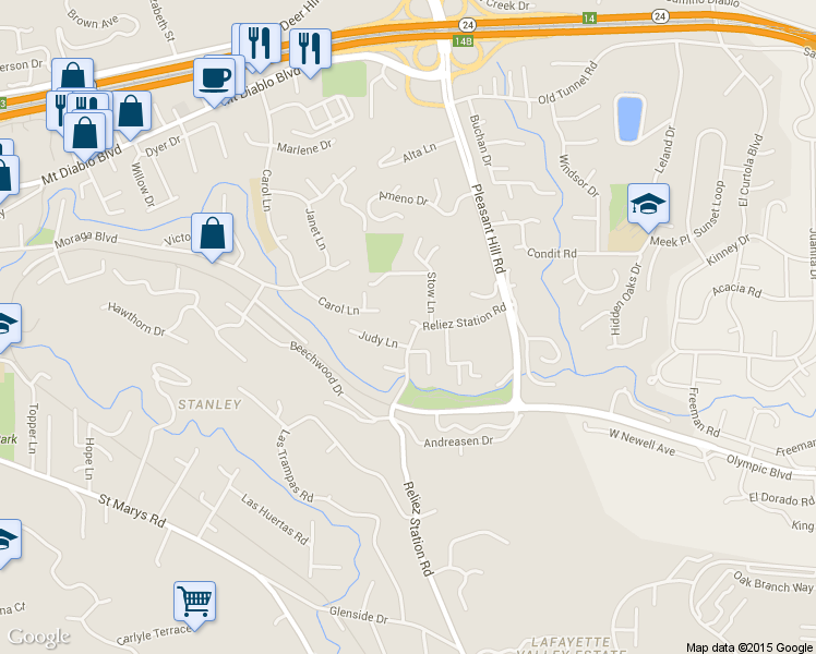 map of restaurants, bars, coffee shops, grocery stores, and more near 927 Reliez Station Road in Lafayette