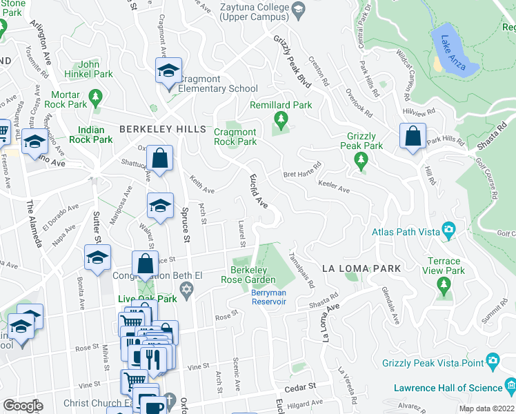 map of restaurants, bars, coffee shops, grocery stores, and more near 1126 Euclid Avenue in Berkeley