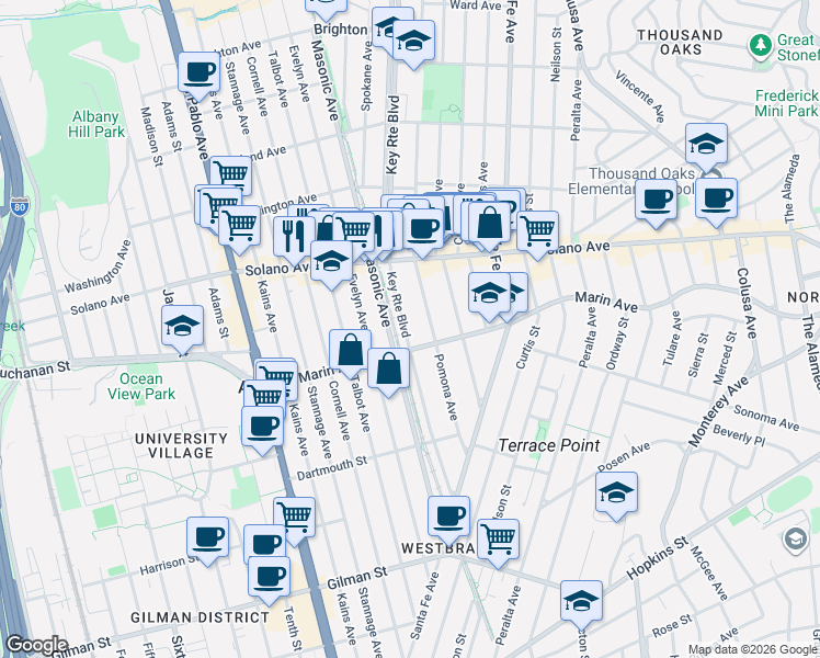 map of restaurants, bars, coffee shops, grocery stores, and more near 945 Key Route Boulevard in Albany