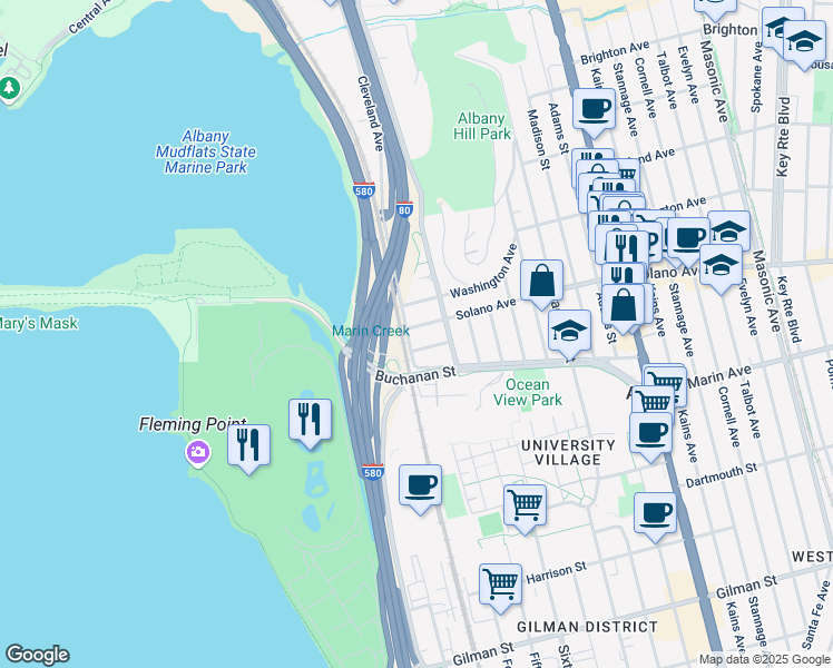 map of restaurants, bars, coffee shops, grocery stores, and more near 700 Solano Avenue in Albany