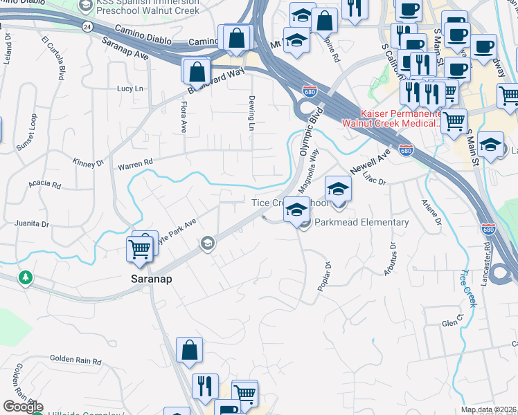 map of restaurants, bars, coffee shops, grocery stores, and more near 1632 South Villa Way in Walnut Creek