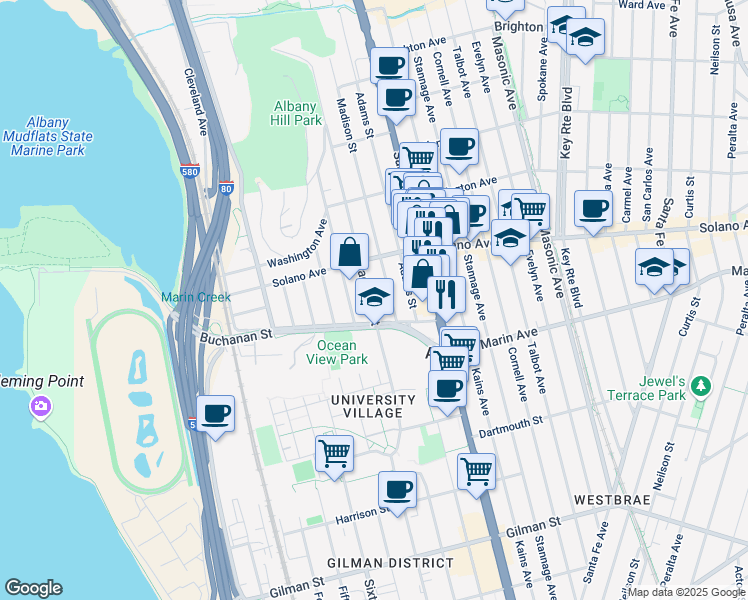 map of restaurants, bars, coffee shops, grocery stores, and more near 937 Jackson Street in Albany