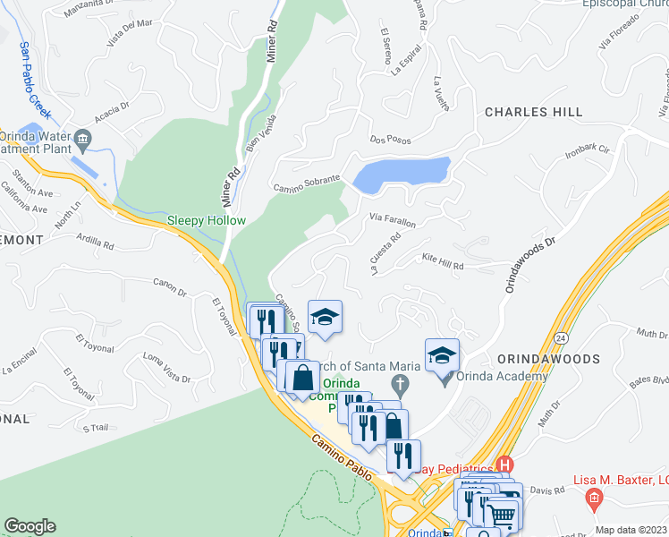 map of restaurants, bars, coffee shops, grocery stores, and more near 6 Linda Vista in Orinda