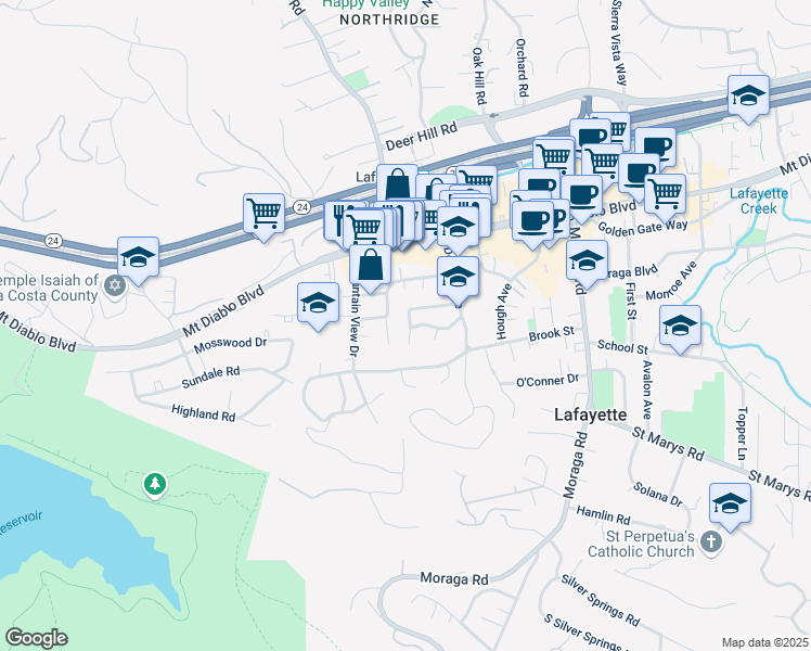 map of restaurants, bars, coffee shops, grocery stores, and more near 3654 Walnut Street in Lafayette