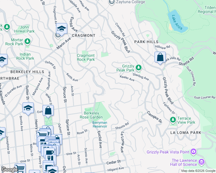 map of restaurants, bars, coffee shops, grocery stores, and more near 1136 Keith Avenue in Berkeley