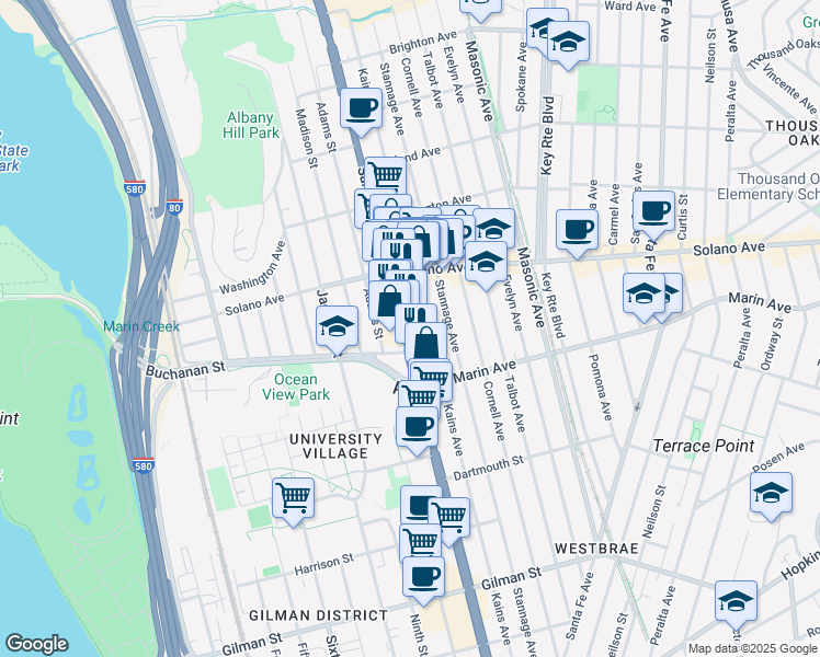 map of restaurants, bars, coffee shops, grocery stores, and more near 955 San Pablo Avenue in Albany