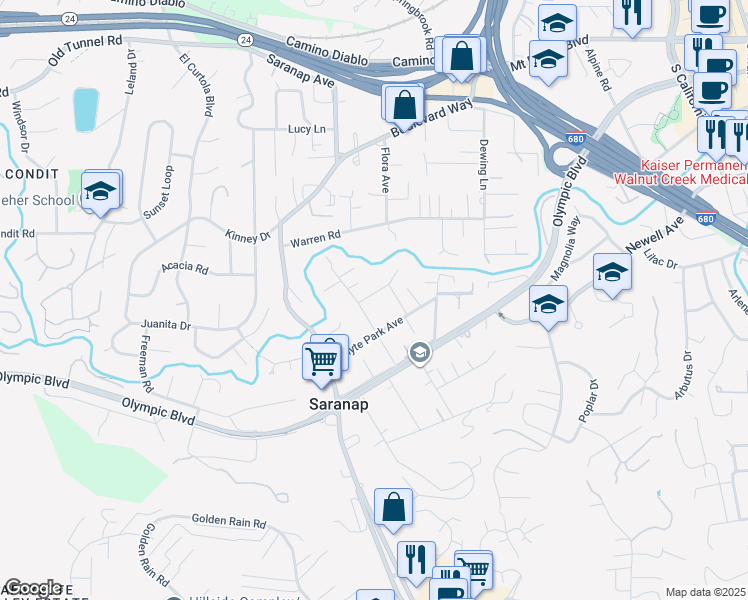map of restaurants, bars, coffee shops, grocery stores, and more near 151 Rose Street in Walnut Creek